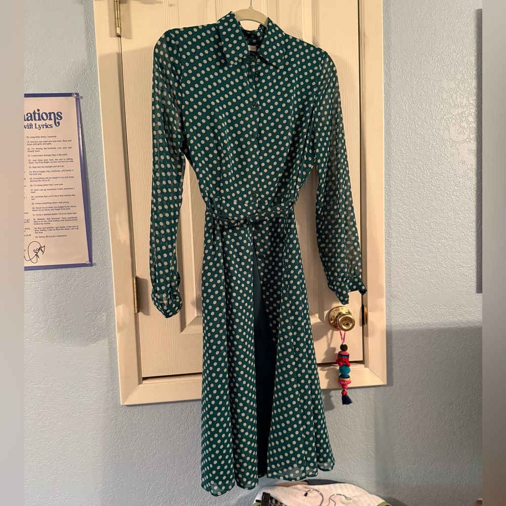 Eva Mendes Green and Black Bishop Sleeve Shirt Dress